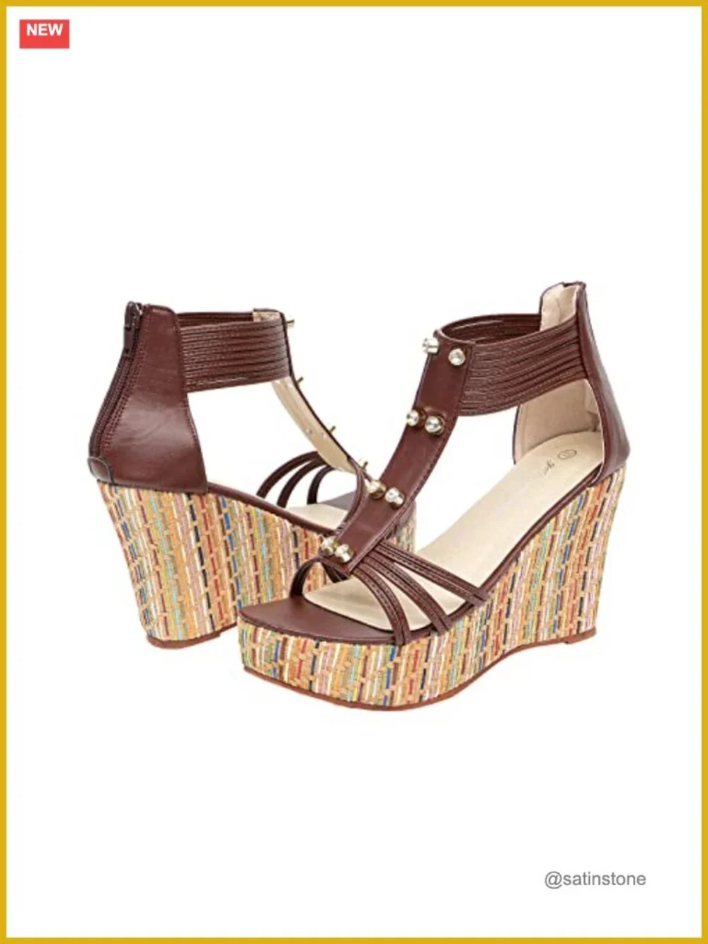 Women's Wedge Sandals with Pearls Platform High Heels Ankle Strap Buckle